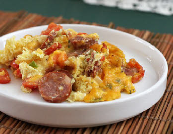 Try our delicious scrambled egg casserole with country ham, cheese, peppers, and a whole assortment of scrumptious condiments!  