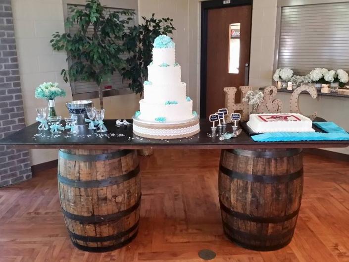 Terri's Catering has unique props such as whiskey barrels that can be used to set up and present your wedding cake or food. Let us know how you would like to use our whiskey barrels. 